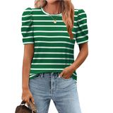 Blusa Zeagoo Listrada De Verão, Manga Folhada, Gola Redonda, Feminina