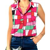 Camisa Hotouch Sem Mangas Com Gola De Botão Para Mulher Rosa