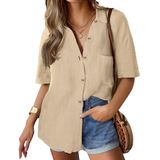 Camisa Feminina Hotouch Button Up, Casual, Algodão, Linho, Cáqui, Gg