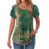 Blusa Feminina Zeagoo, Gola Redonda, Plissada, Manga Curta, Verde, Gg