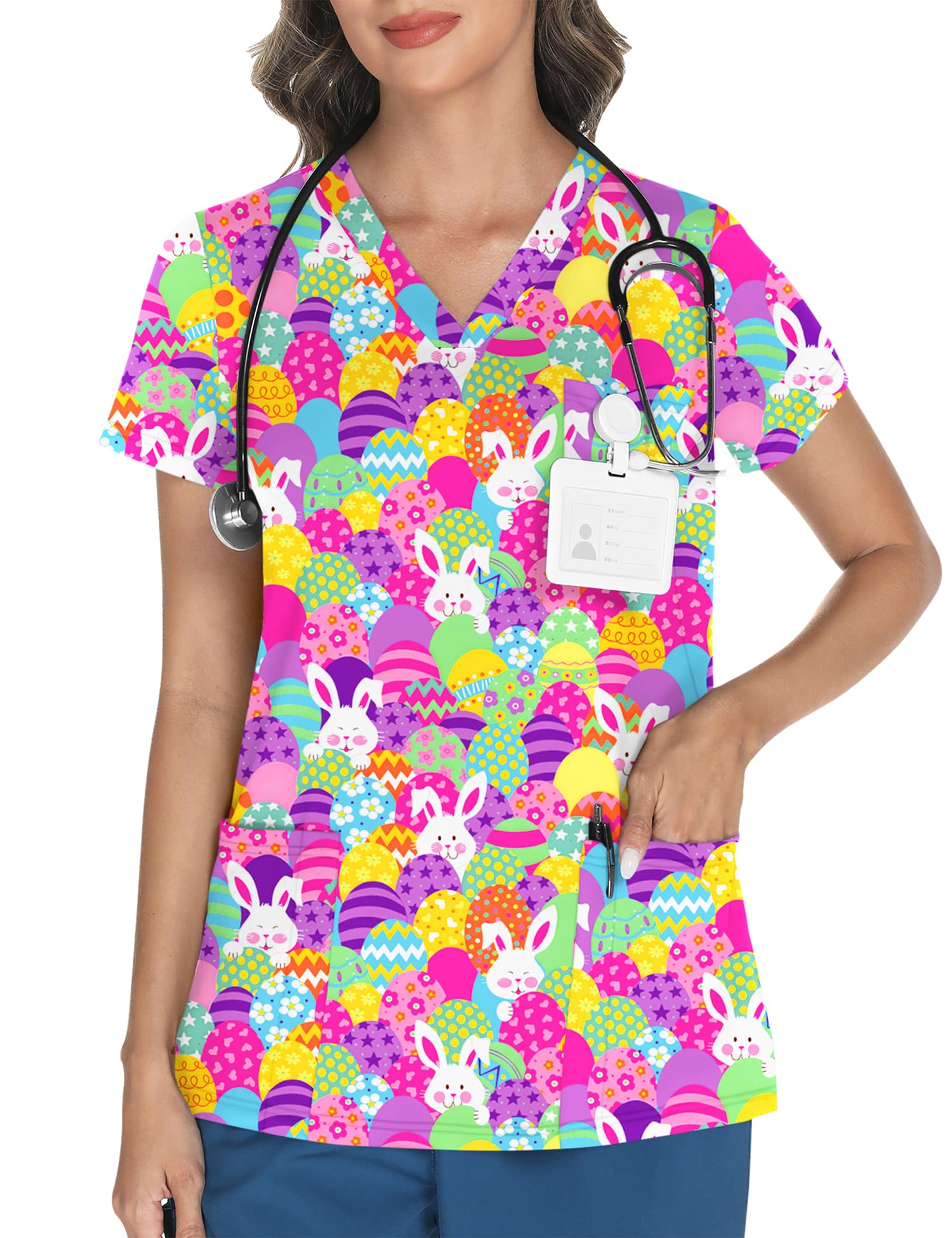 Scrub Tops Lomon Easter Para Mulheres Com Decote Em V E 3 Bolsos 3gg
