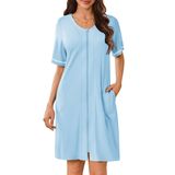 Roupão De Banho Feminino Ekouaer Com Zíper, Mangas Curtas, Azul Claro, Xl