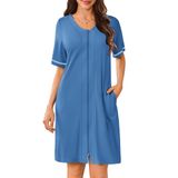 Roupão De Banho Feminino Ekouaer Com Zíper, Mangas Curtas, Azul Escuro, Pequeno