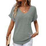 Top Feminino Dokotoo, Malha Waffle, Decote Em V, Manga Curta, Casual