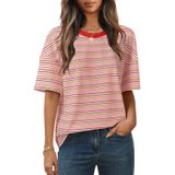 Camisa Feminina Merokeety De Verão De Manga Curta Listrada Rosa