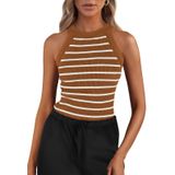 Camiseta Regata Feminina Prettygarden, Gola Alta, Listrada, Café Xxl