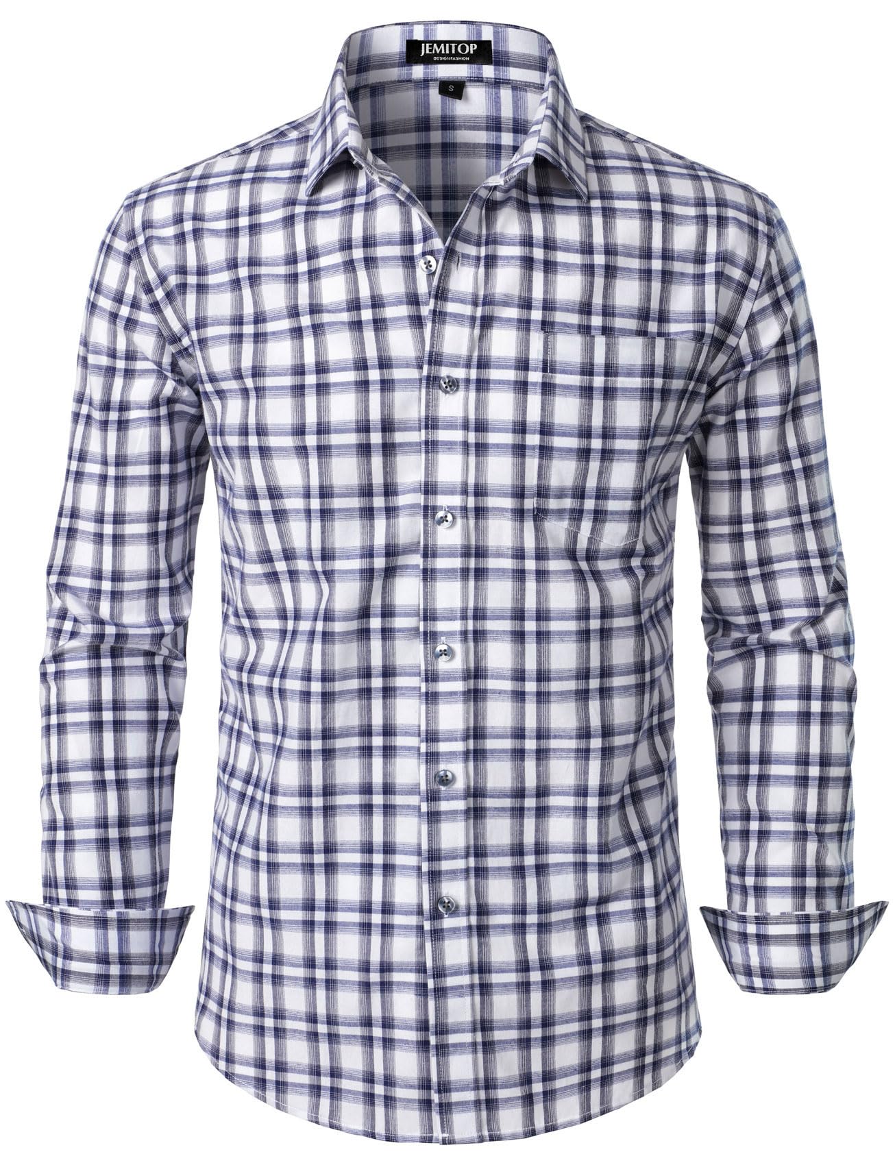 Camisa Masculina Jemitop De Manga Comprida, Justa, Xadrez, Branca, Azul Marinho, Gg
