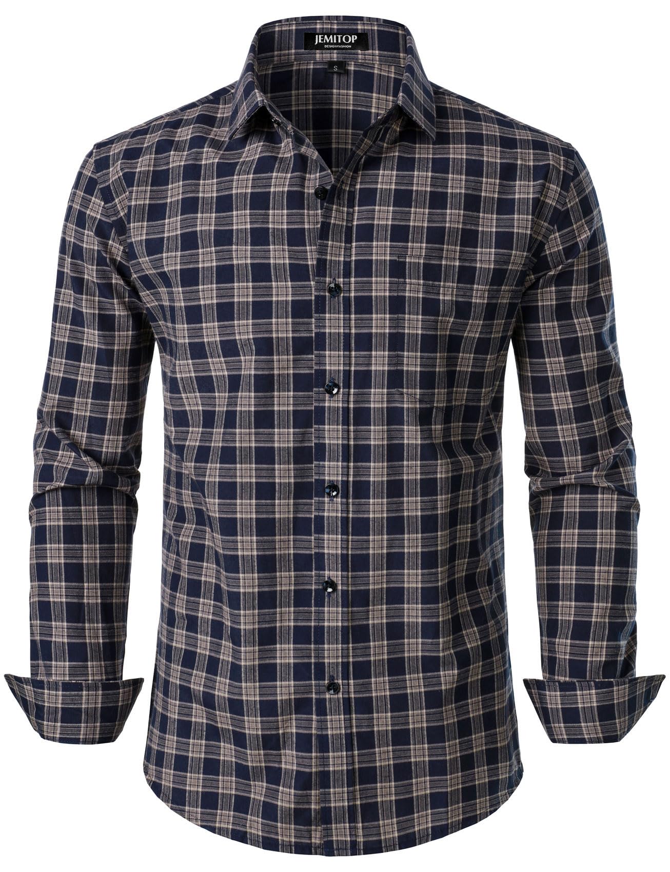 Camisa Masculina Jemitop De Manga Comprida, Justa, Xadrez, Azul Marinho, Marrom, S