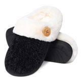Chinelos Evshine Fuzzy Memory Foam Chenille Knit Femininos Pretos