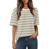 Camisa Feminina Merokeety De Verão, Manga Curta, Listrada, Cinza