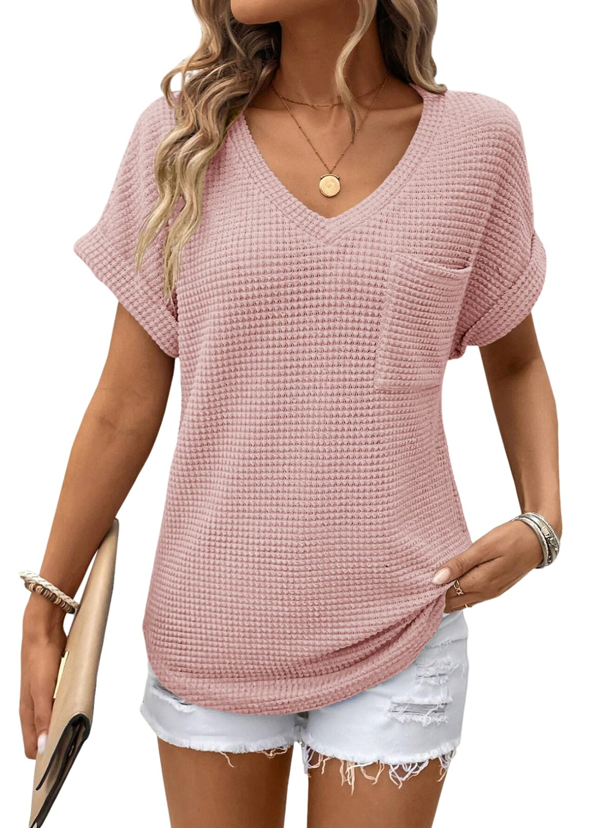 Top Dokotoo Cute Summer Waffle Knit Com Decote Em V E Manga Curta Para Mulheres