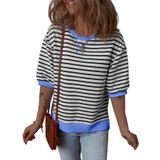 Suéter Feminino Dokotoo, Gola Redonda, Mangas 3/4, Cor Azul