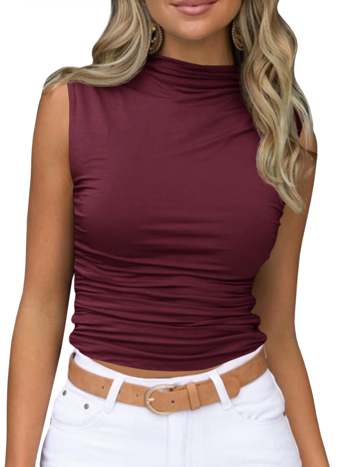Blusa Feminina Tankaneo, Sem Mangas, Gola Alta, Vinho Tinto