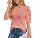 Blusas De Verão Ohhettm, Elegantes, Casuais, Manga Folhada, Decote Em V, Rosa, S