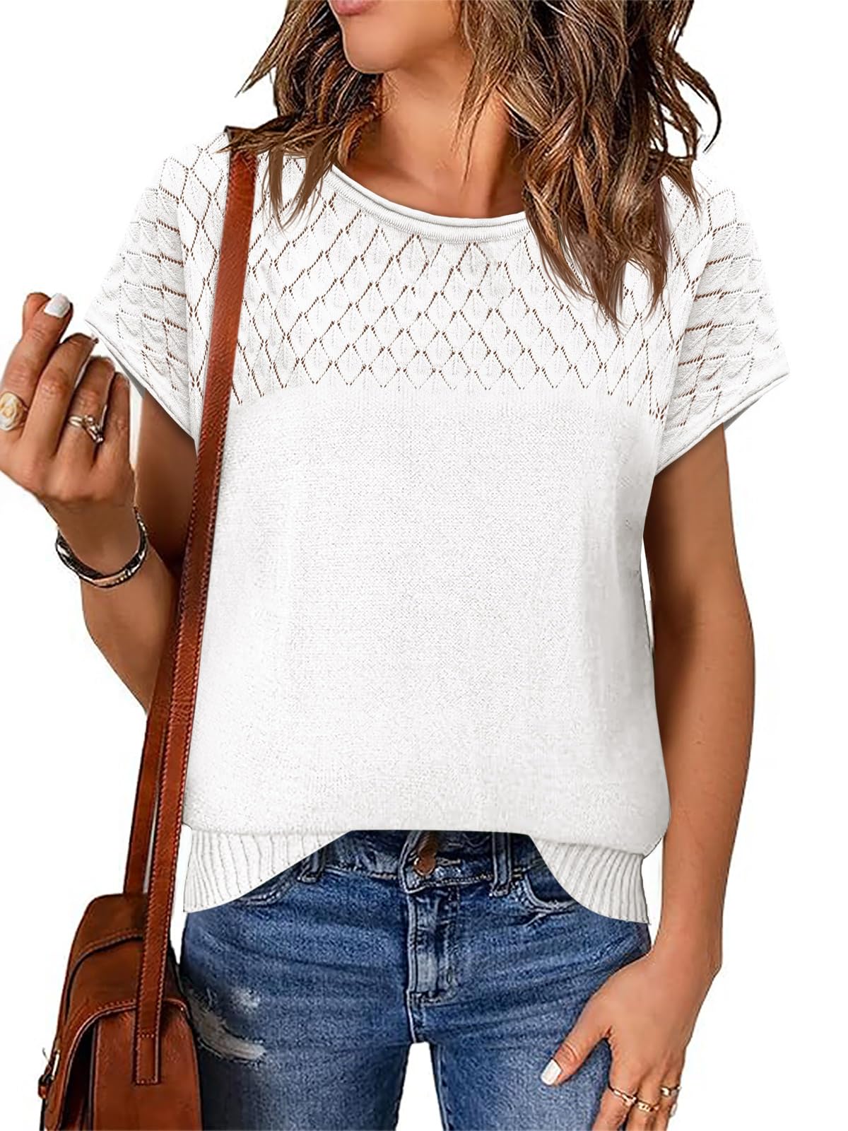 Suéter Feminino Imily Bela, Manga Curta, Crochê, Tricotado Branco