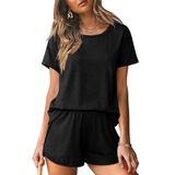 Conjunto De Pijama Feminino Ekouaer, Gola Redonda, Manga Curta, Preto
