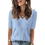 Suéter Akewei Feminino De Manga Curta Com Decote Em V Azul