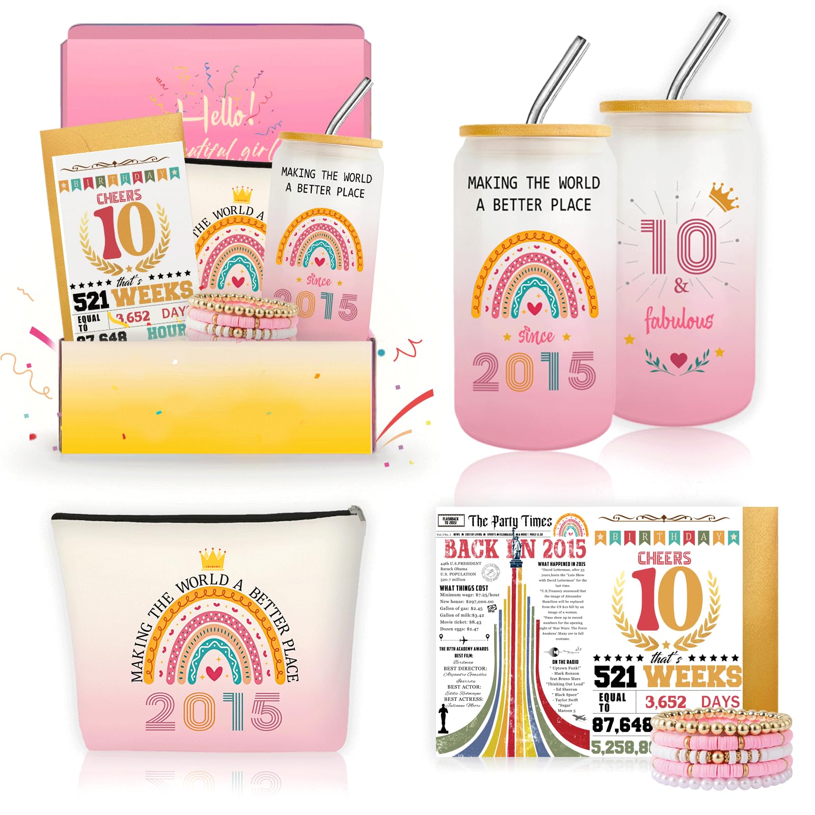 Conjunto De Presente Unipinkart De 10º Aniversário Para Meninas Com Vidro De 500 Ml