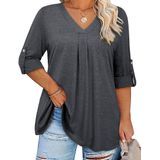 Blusas Femininas Kancystore, Tamanho Plus Size, Manga 3/4, Decote Em V, Cinza Escuro, Gg