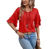 Camisa Feminina Sialois Com Decote Em V, Manga 3/4, Babado De Duas Camadas