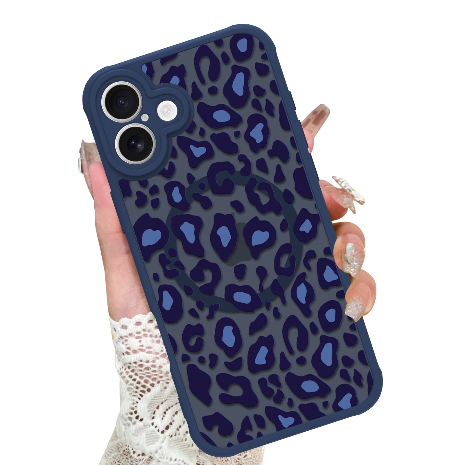 Capa Kanghar Para Iphone 16 Blue Leopard Print 6.1 Com Magsafe
