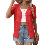 Cardigan Zeagoo Feminino De Manga Curta Com Decote Em V, Botão Vermelho