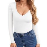 Camisetas De Manga Comprida Clozoz Para Mulheres Com Decote Em V, Camiseta Básica Ajustada