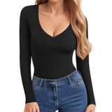Camisas De Manga Comprida Clozoz Para Mulheres Com Decote Em V Ajustadas Em Preto