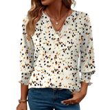 Blusa Túnica Feminina Lomon Com Decote Em V, Manga 3/4, Verão, Branca, Damasco