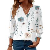 Camiseta Feminina Top Lomon De Manga 3/4 Com Decote Em V Branca Azul Floral