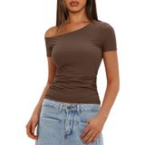 Camiseta Darong 9082 Coffee Off Shoulder Slim Fit Para Mulheres
