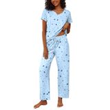 Conjunto De Pijamas Ekouaer, Blusa Feminina De Manga Curta, Calça Comprida, Azul
