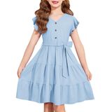 Vestido Arshiner Para Meninas, Manga Curta, Verão, Decote Em V, 10-11 Anos