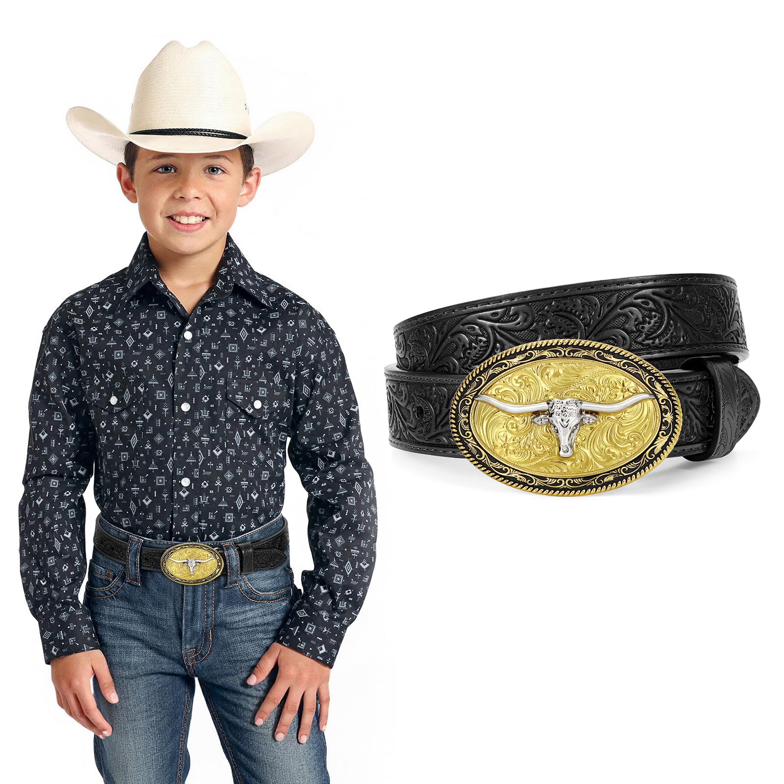 Western Belt Jkeemi Kids Em Couro Genuíno Estampado Unissex