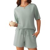 Conjunto De Pijama Ekouaer Ribbed Knit Lounge Set Feminino Verde Claro