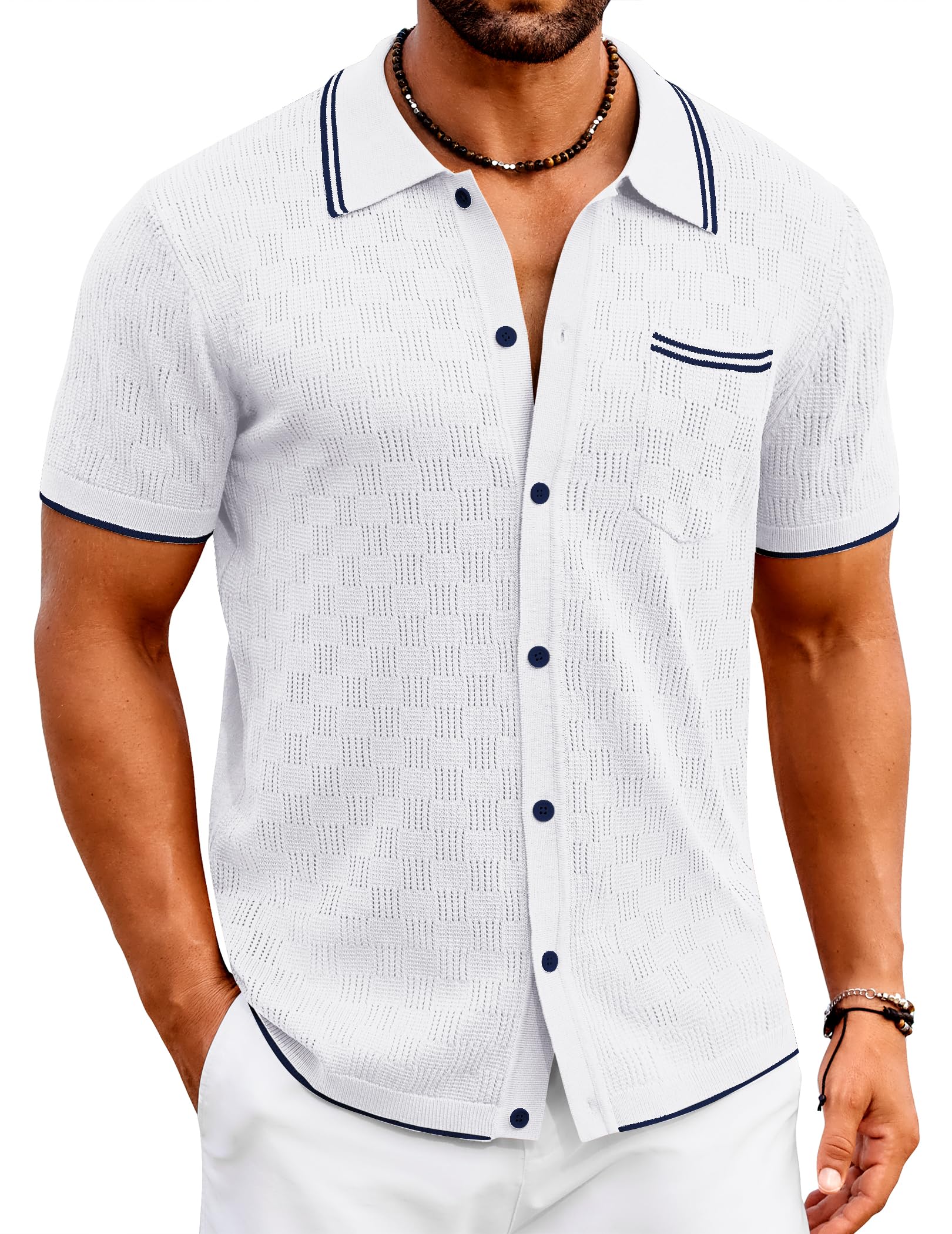 Camisa De Malha Masculina Coofandy De Manga Curta Com Botões Branca