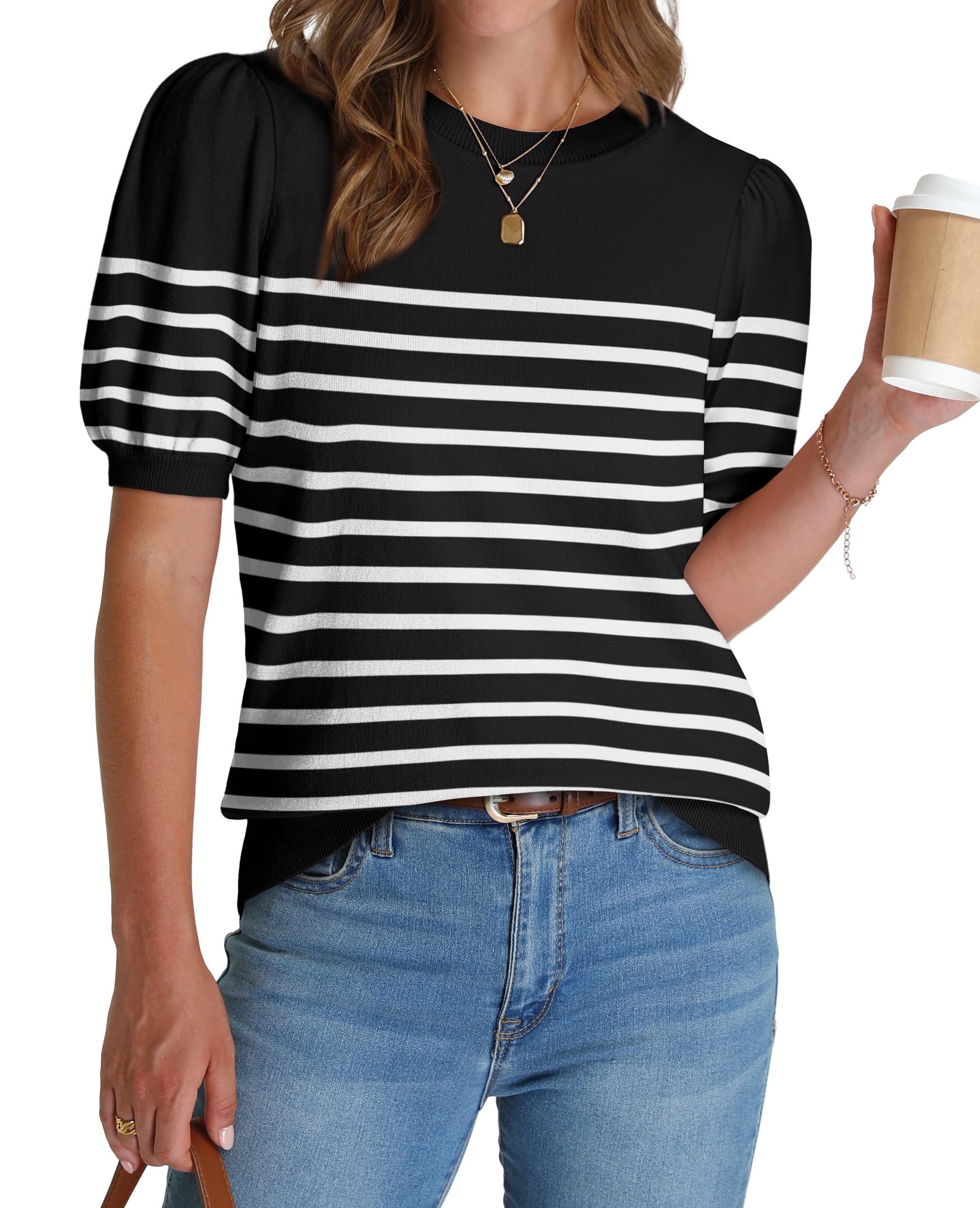 Suéter Wiholl De Manga Curta De Manga Curta Para Mulheres Preto E Branco