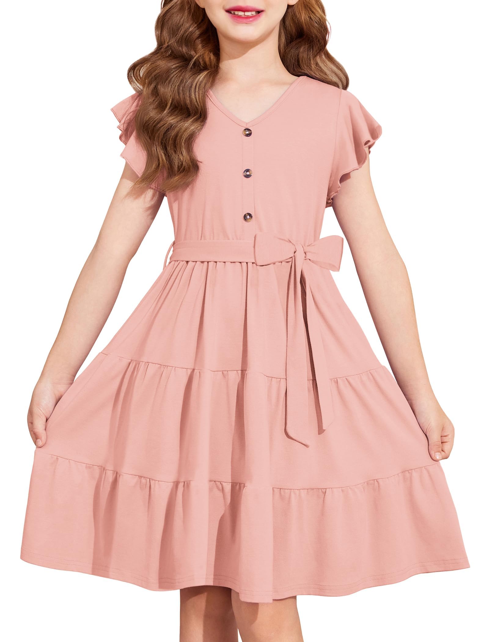 Vestido Arshiner Girls De Manga Curta De Verão Com Decote Em V Com Cinto 5-6y