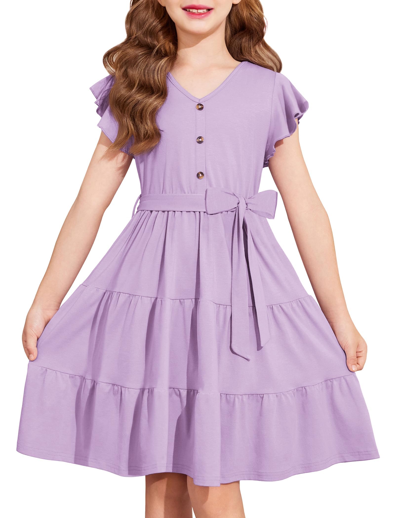 Vestido Arshiner Girls De Manga Curta Com Decote Em V Com Cinto De 11 A 12 Anos