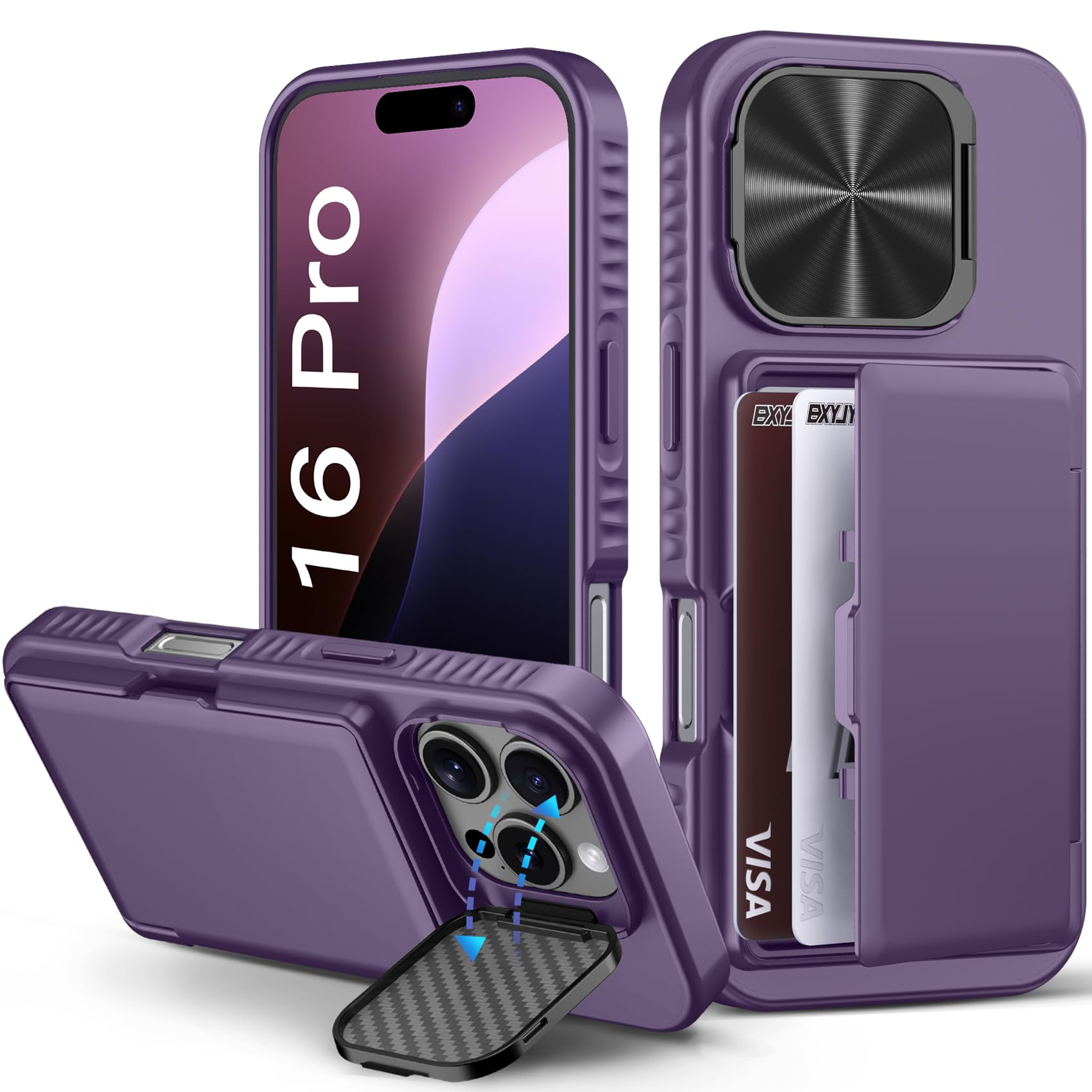 Capa De Telefone Bxyjy Para Iphone 16 Pro Com Suporte De Cartão Roxo Escuro