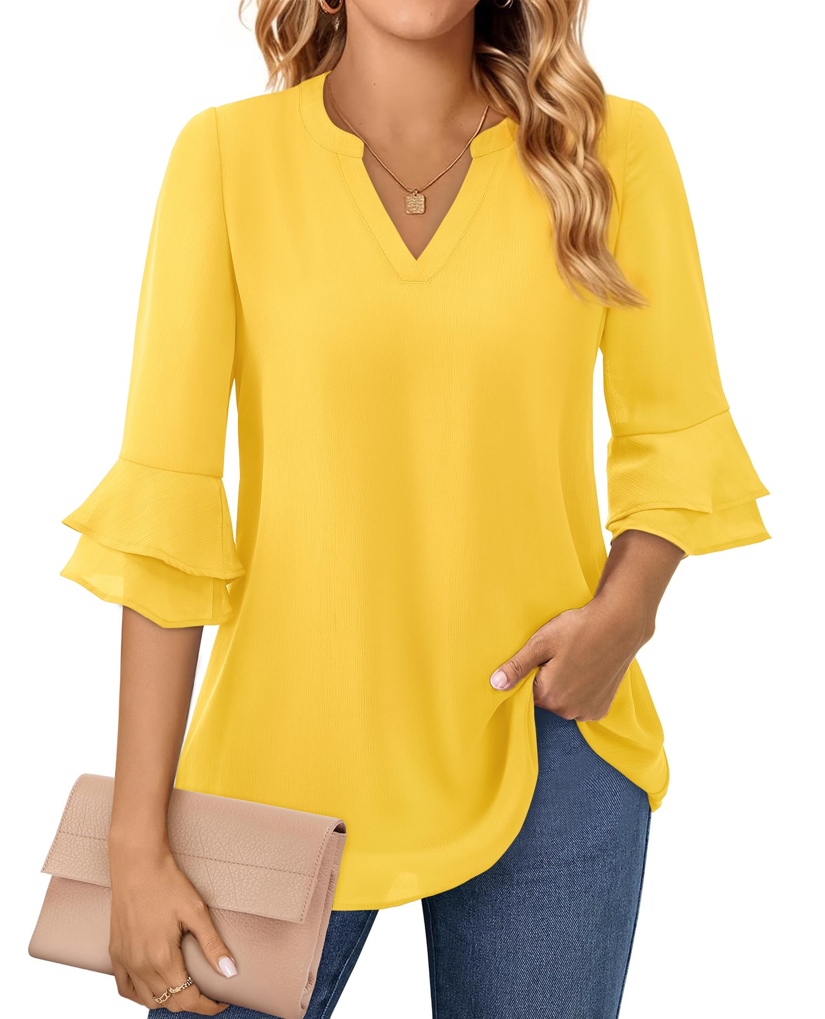 Blusa Casual Elegante De Manga 3/4 Com Decote Em V Para Mulheres Amarela 4gg