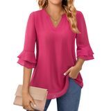 Blusa Uhiger, Manga 3/4, Decote Em V, Dupla Camada, Chiffon Vermelha