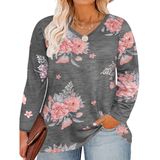 Top Ritera Plus Size Com Decote Em V, Cinza, Floral, Manga Comprida, Feminina
