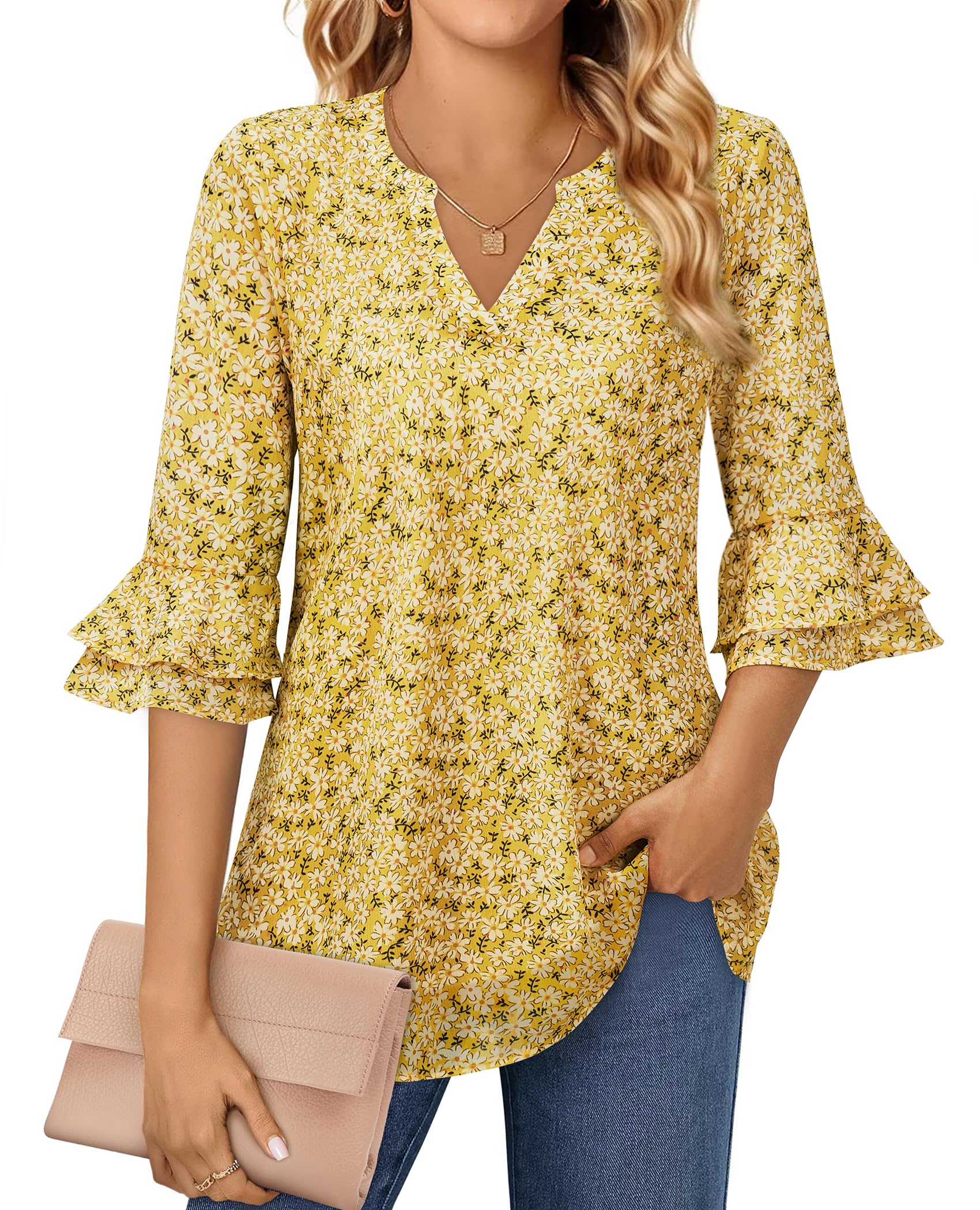 Blusa Feminina Uhiger De Dupla Camada, Chiffon, Amarela, Floral
