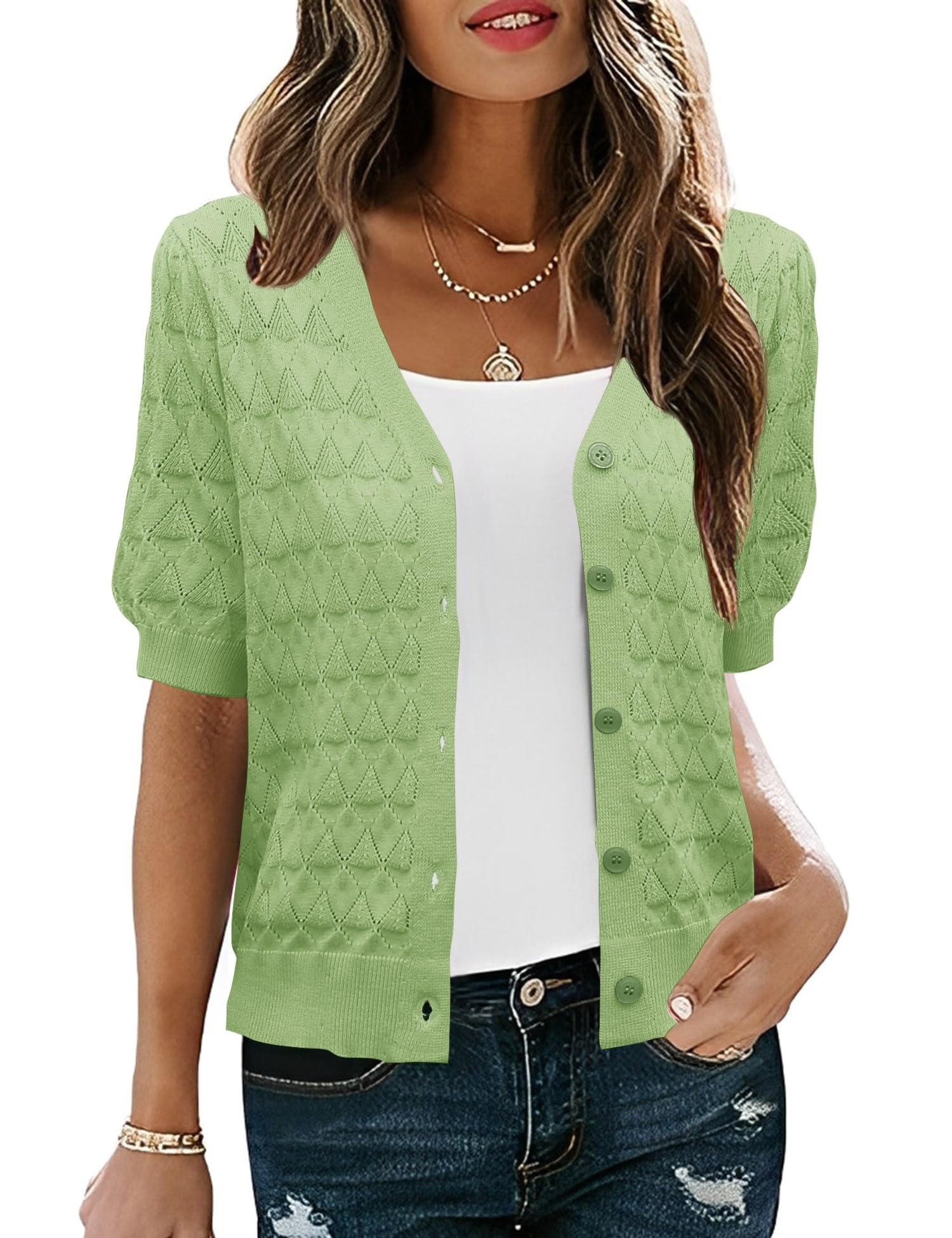 Cardigã Ieccp Cropped Crochet 2025 Spring Feminino Verde Tamanho S