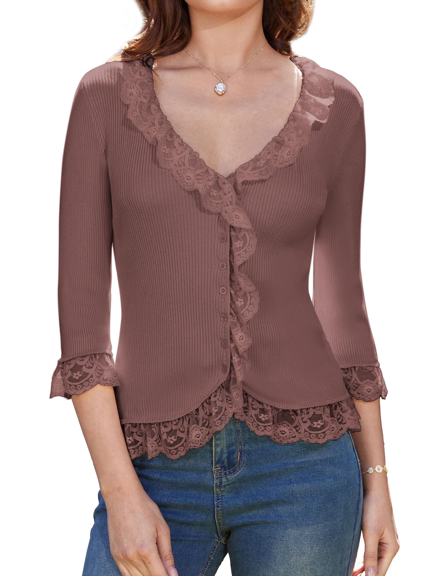 Suéter Cardigã Grace Karin Lace Open Front Rosa Escuro