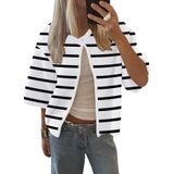 Cardigã Feminino Lomon, Primavera, Verão, Manga Curta, Tricotado, Branco, Preto, Listrado