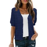 Cardigã Feminino Ieccp, Folhado, Manga Curta, Azul Marinho