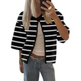 Cardigã Feminino Lomon, Primavera, Verão, Manga Curta, Tricotado, Preto, Branco, Listrado