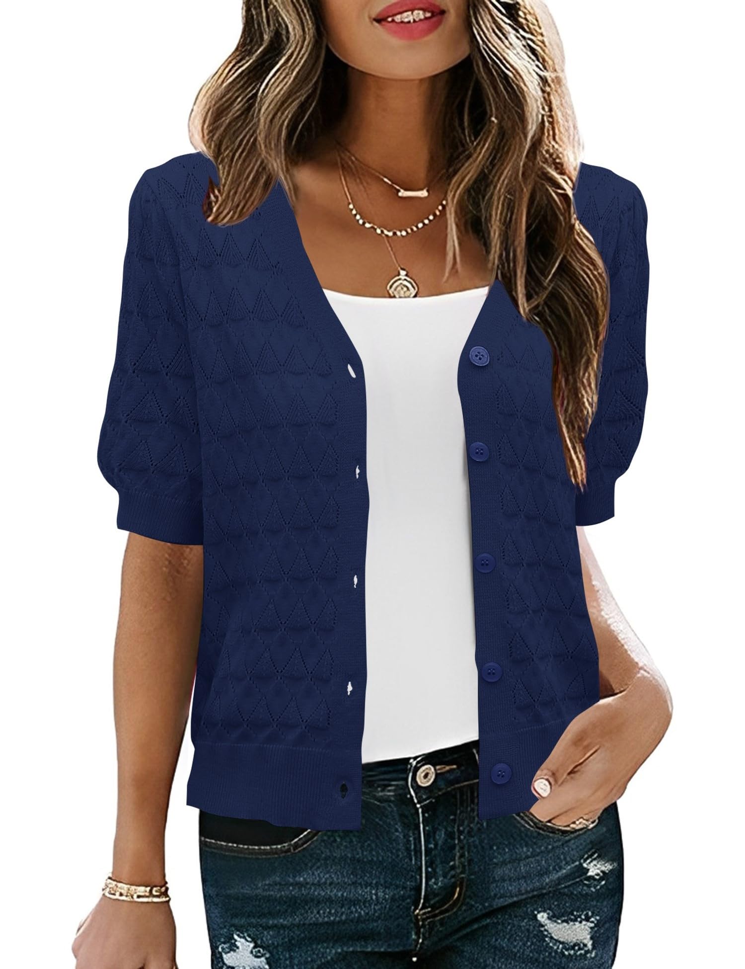 Cardigã Feminino Ieccp Com Decote Em V Cortado, Manga Curta, Azul Marinho